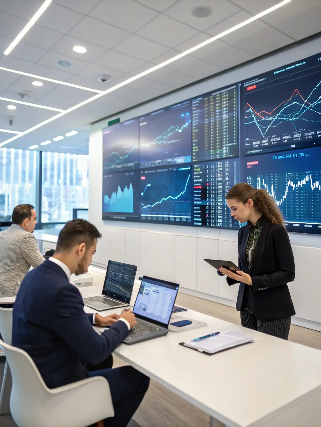 A professional financial risk manager analyzing complex data on multiple computer screens in a modern office setting, focusing on identifying and mitigating potential financial risks for clients of royalrbportal.