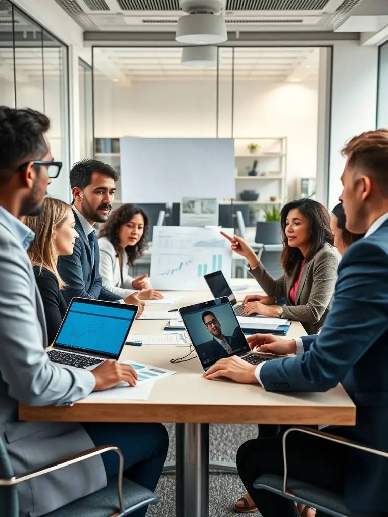 A team of financial consultants collaborating on risk mitigation plans, using advanced software and analytical tools to develop customized solutions for royalrbportal's clients.