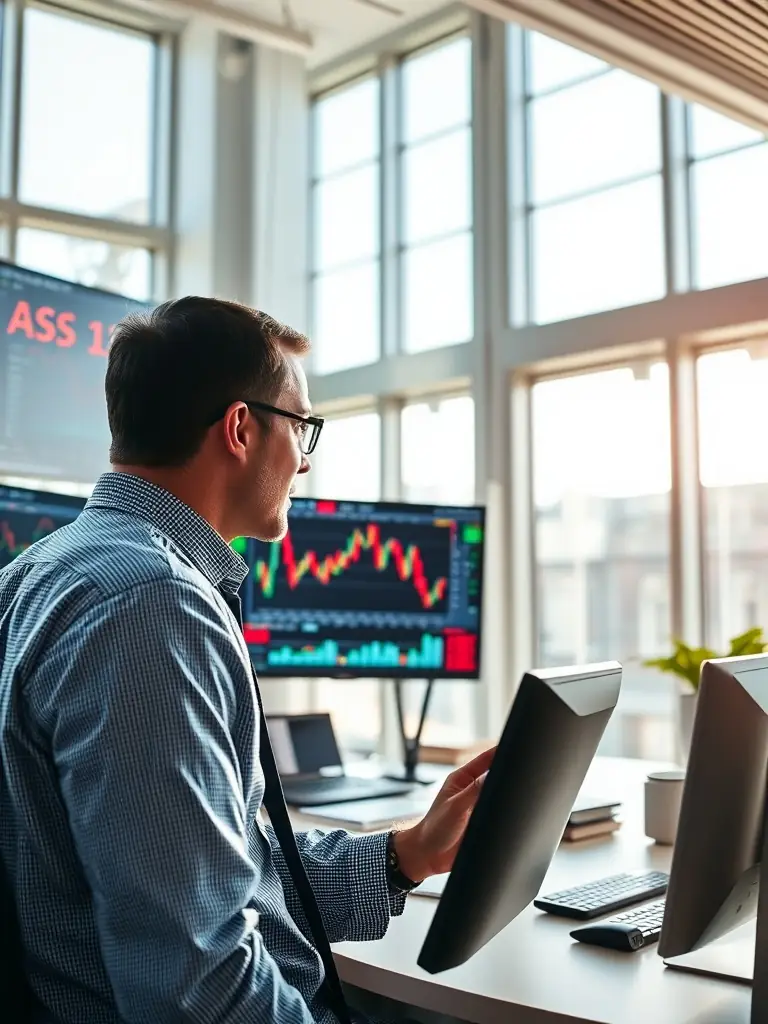 A professional investor analyzing stock market data on a computer screen, with charts and graphs indicating positive growth trends, symbolizing informed investment strategies.