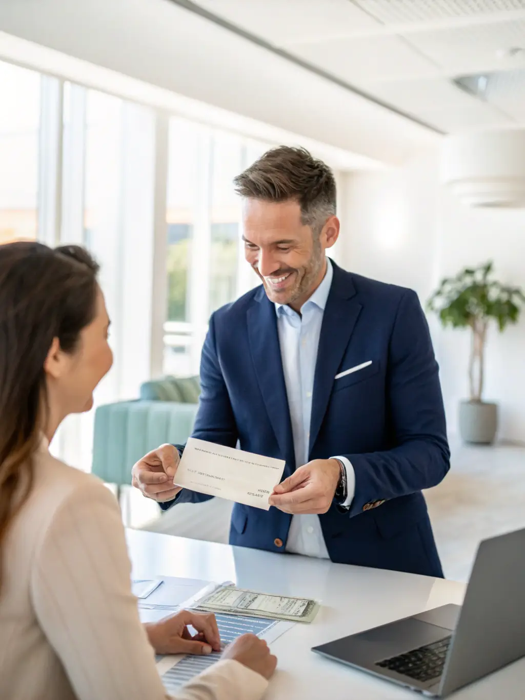 A senior financial advisor in a modern office setting, smiling and shaking hands with a client, symbolizing trust and partnership in financial planning.