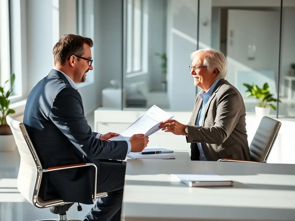 A financial planner is discussing a detailed financial plan with a client at a table, with documents and charts spread out. The atmosphere is collaborative and focused, emphasizing the importance of long-term financial planning.