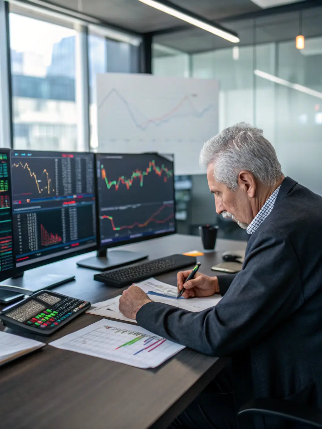 A diverse portfolio of investments being monitored by a financial expert, with real-time data feeds and risk assessment tools, illustrating royalrbportal's proactive risk management approach.