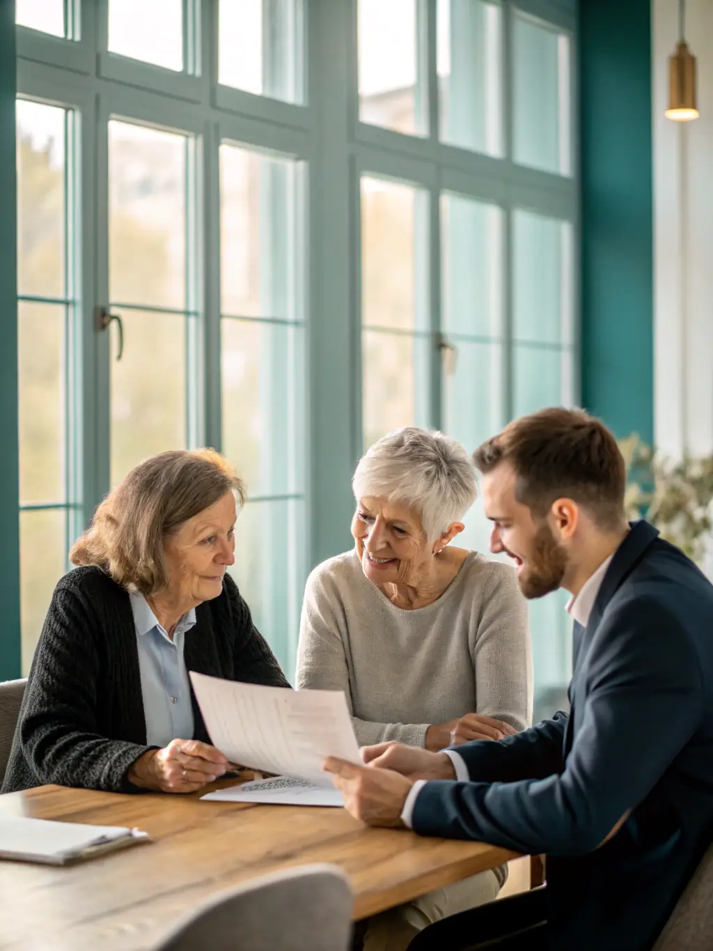 A family discussing financial plans with an advisor in a bright, modern office, illustrating personalized financial planning services.