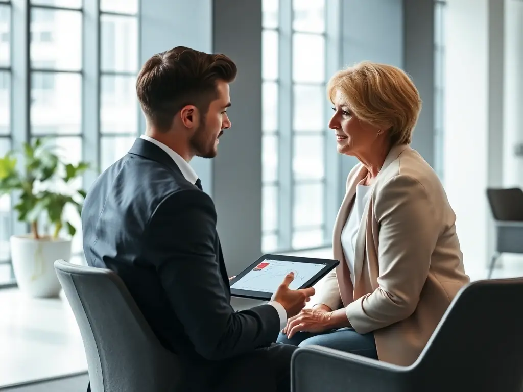 A professional financial advisor is meeting with a client in a modern office setting, reviewing investment portfolios and discussing potential growth opportunities. Charts and graphs are visible in the background, illustrating market trends and investment performance.