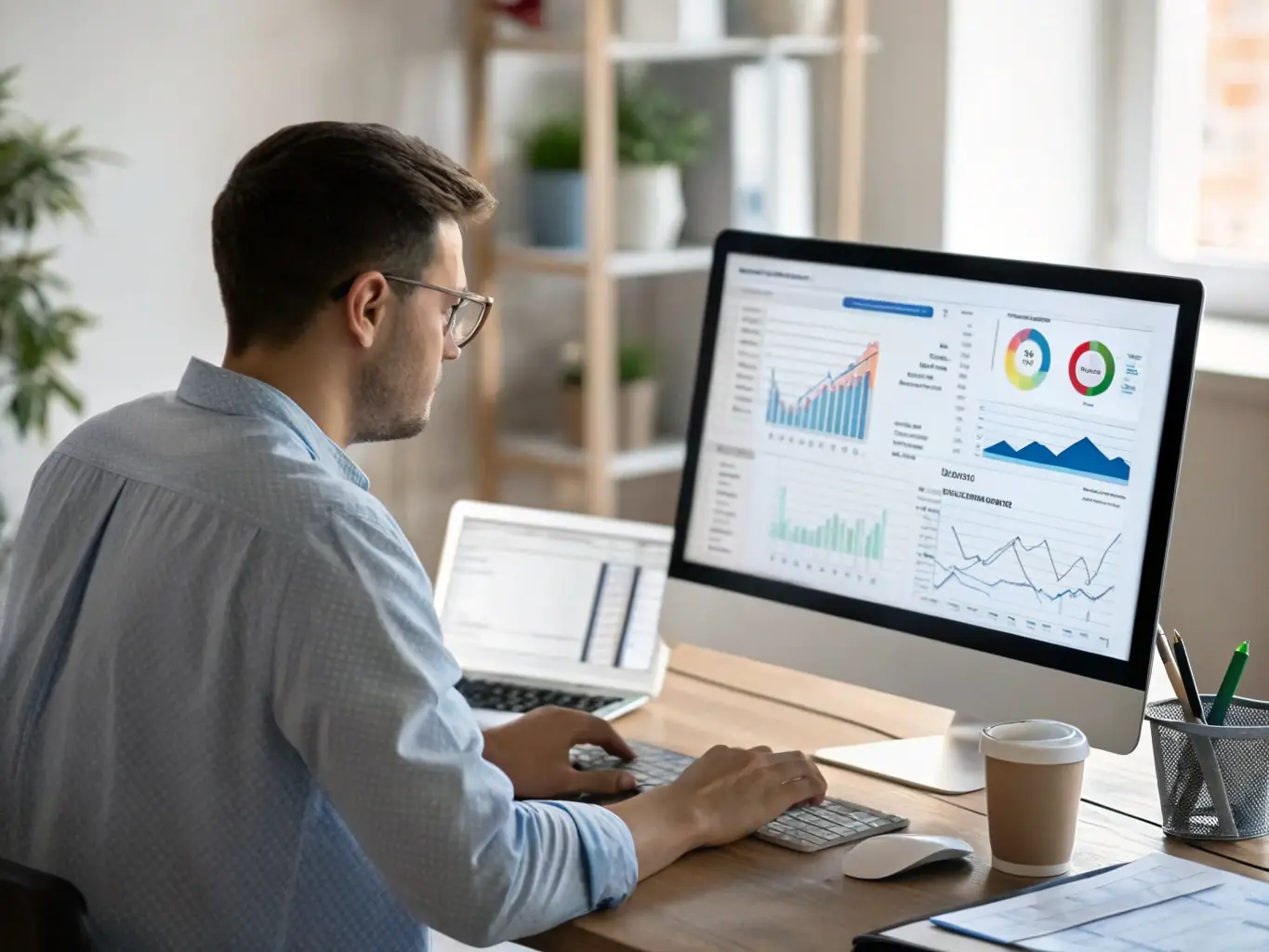 A financial analyst is reviewing risk assessment charts on a computer screen in a well-lit office. The charts display various risk metrics and potential market scenarios, highlighting the importance of proactive risk management.