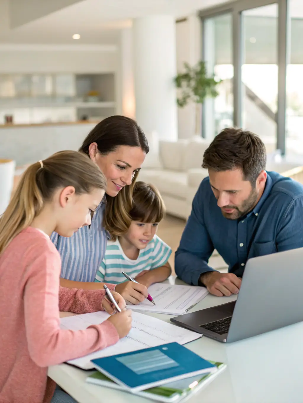 A diverse family happily gathered around a table, reviewing financial documents with a financial planner, representing comprehensive family financial planning.